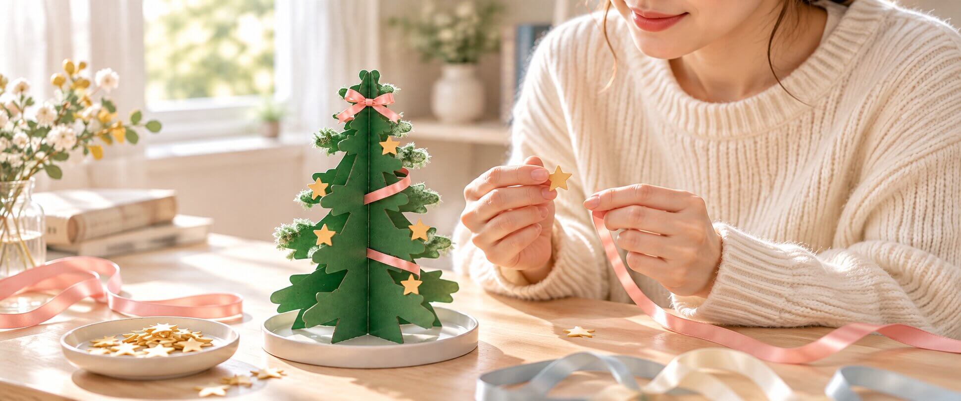好みの星飾りやリボンを選びながら、紙のクリスマスツリーに緑の結晶が育つ様子を楽しむ女性のイメージ