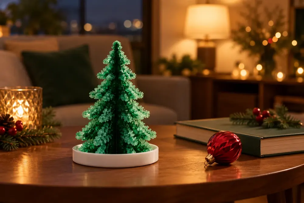 暖かなクリスマスの部屋に飾った、結晶で育つ紙のツリーのイメージ