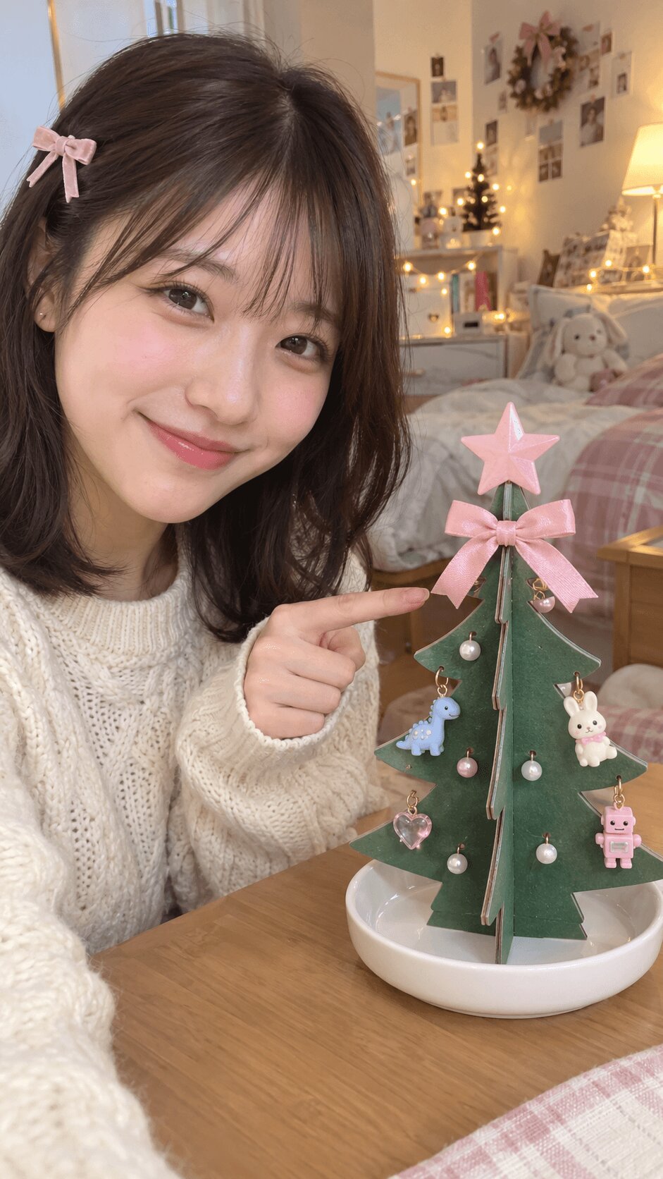 飾りつけた成長前のクリスマスツリーと女性